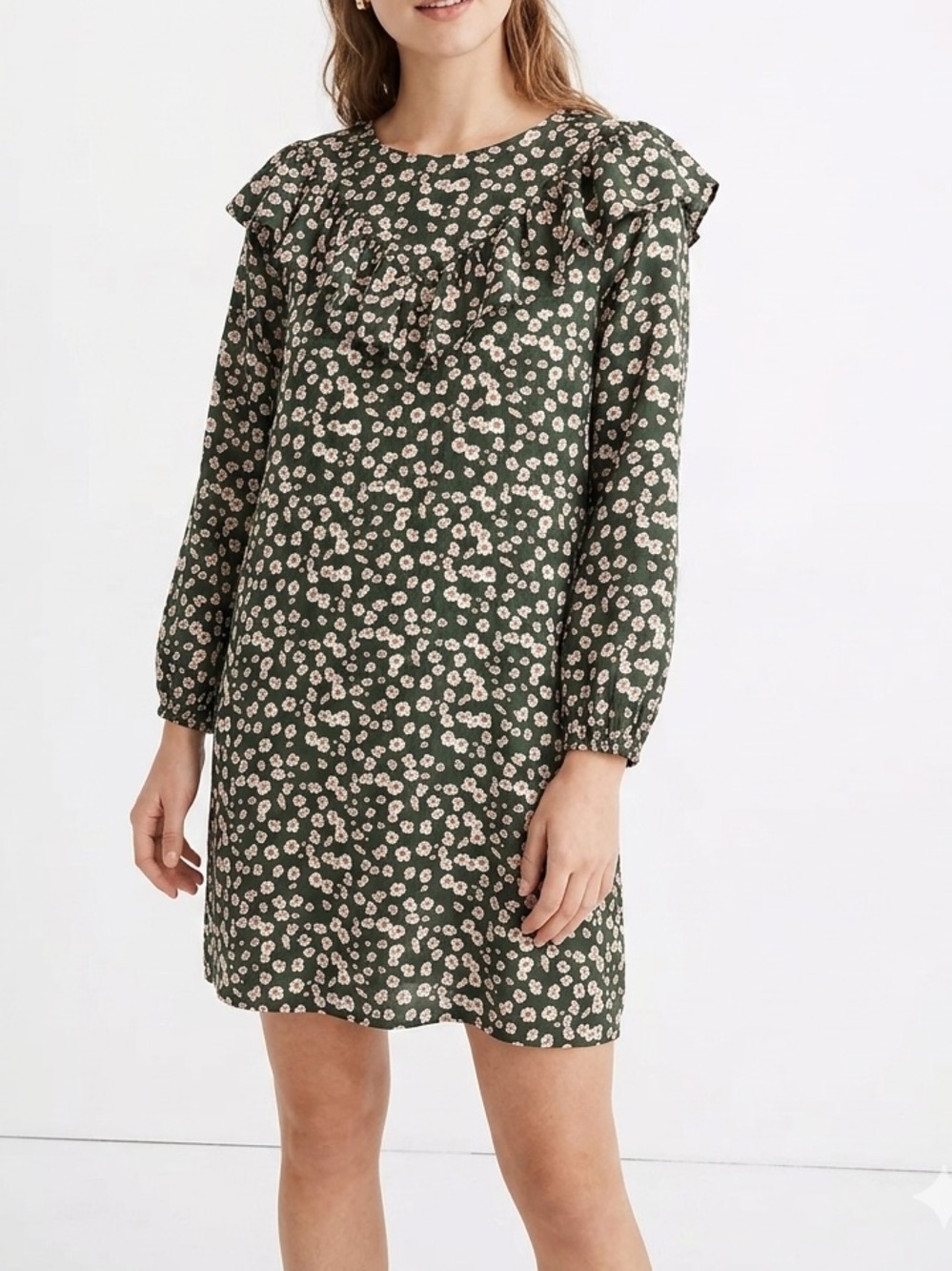 Michelle McDowell Olive Floral Ruffle Collar Mini Dress NWT Size L Long Sleeve🩷